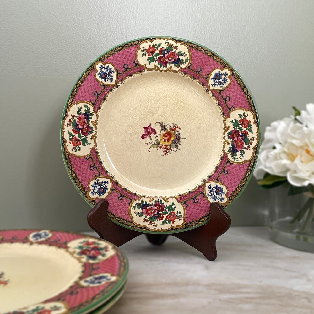 Antique Royal Venton Ware Dinner Plates Set of 3 - England Pink Floral Gold